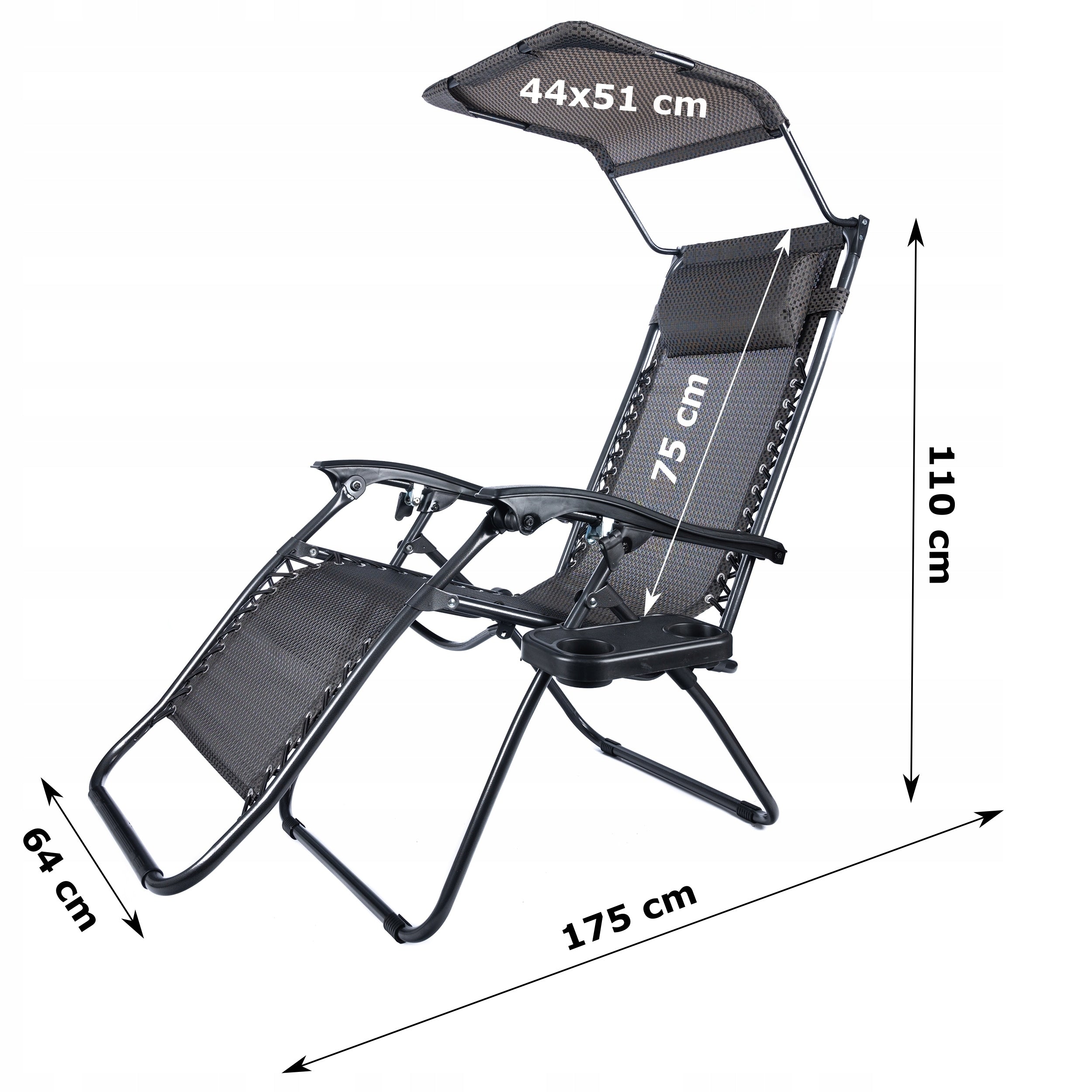 Sezlong pliabil cu parasolar si tetiera, reglabil in 2 pozitii, suport pahare, 174cm, gri