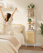 VASAGLE Biblioteca cu 6 etaje, cadru metalic, usa cu efect ratan Boho, 30x40x175 cm, alb si bej