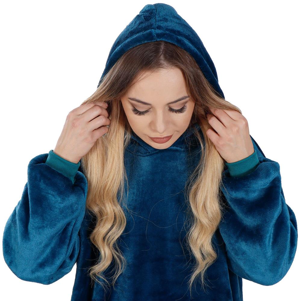 Patura tip hanorac, cu maneci, gluga si buzunare, material plus, marime universala, albastra