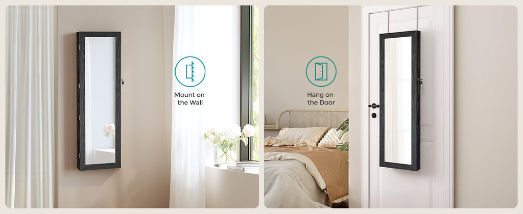 SONGMICS Dulap de bijuterii cu oglinda, din MDF, montare pe perete, 37x10x120 cm, negru