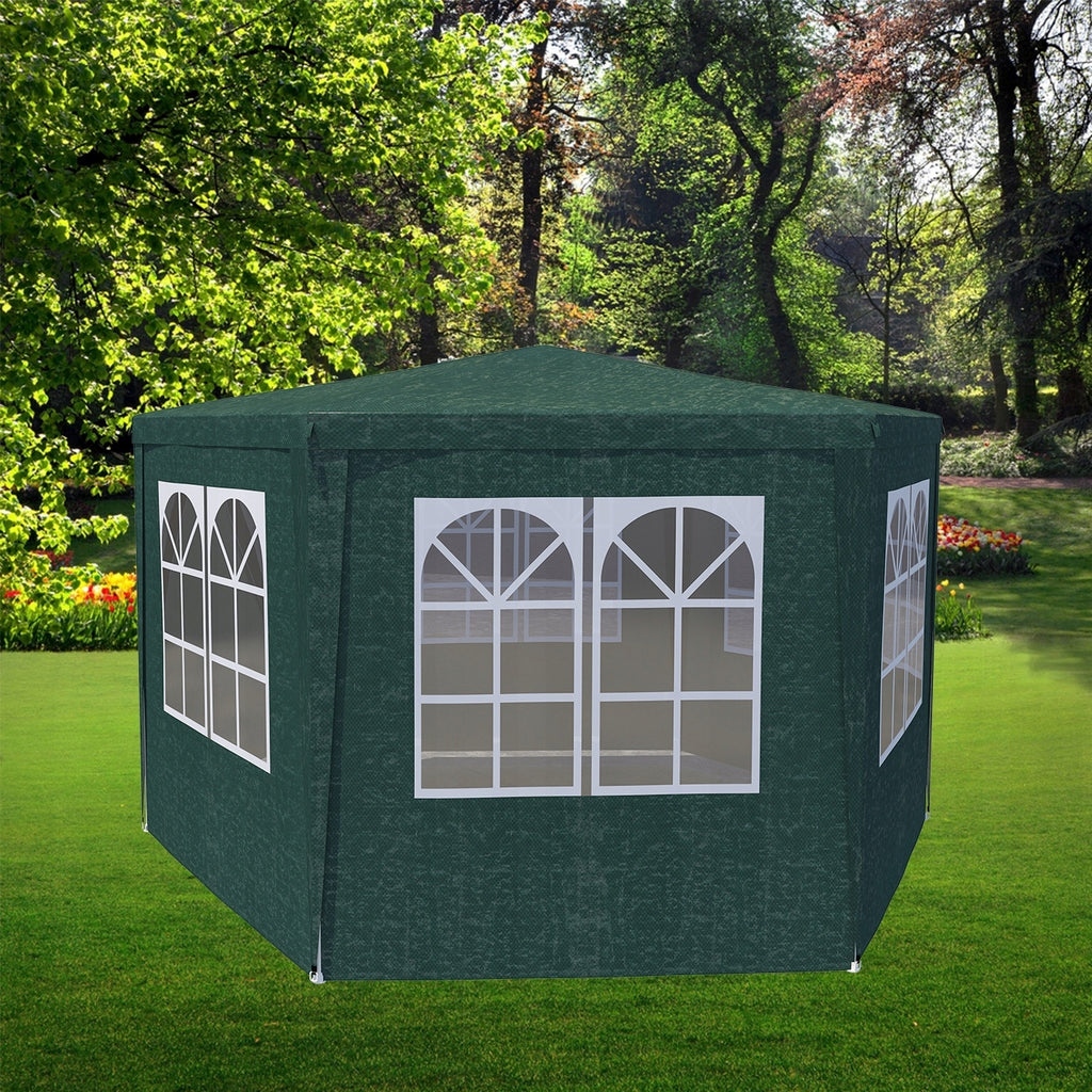 Cort pavilion de gradina hexagonal, 200x200 cm, cu pereti laterali cu ferestre, impermeabil cu rezistenta UV, verde