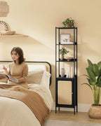 VASAGLE Biblioteca cu 6 etaje, cadru metalic, usa cu efect ratan Boho, 30x40x175 cm, negru