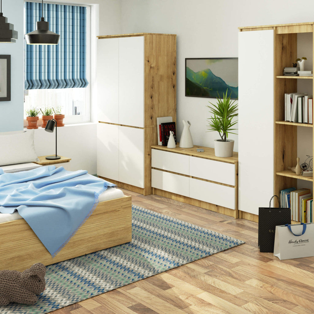 Dulap cu 4 usi, PAL laminat, 90x51x180 cm, stejar artisan si alb