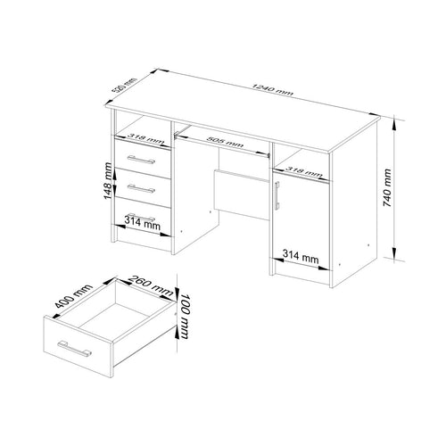Birou ANA pentru calculator, cu 3 sertare si 1 usa, 124x52x74 cm, stejar sonoma si alb