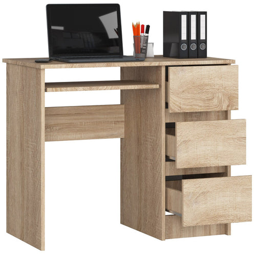 Birou computer cu 3 sertare si raft pentru tastatura, 90x50x77 cm, stejar sonoma