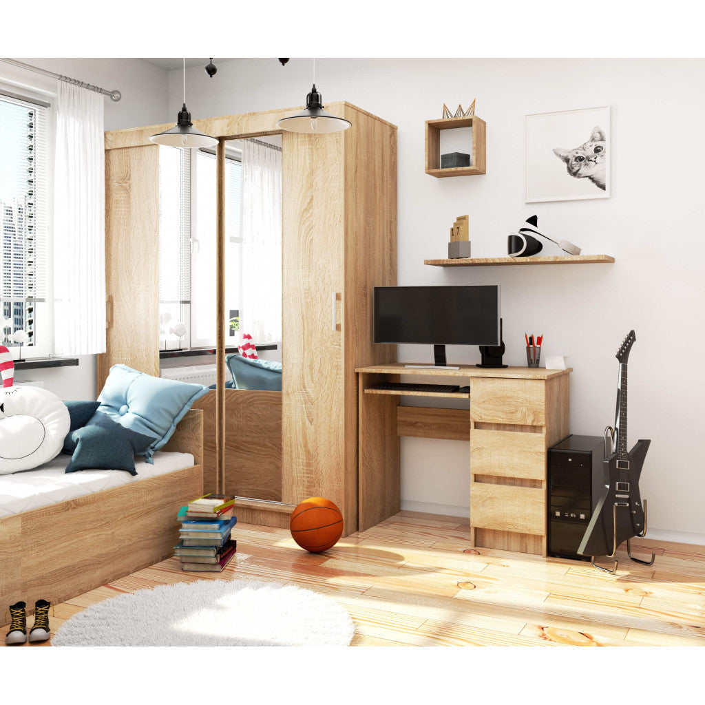 Birou computer cu 3 sertare si raft pentru tastatura, 90x50x77 cm, stejar sonoma