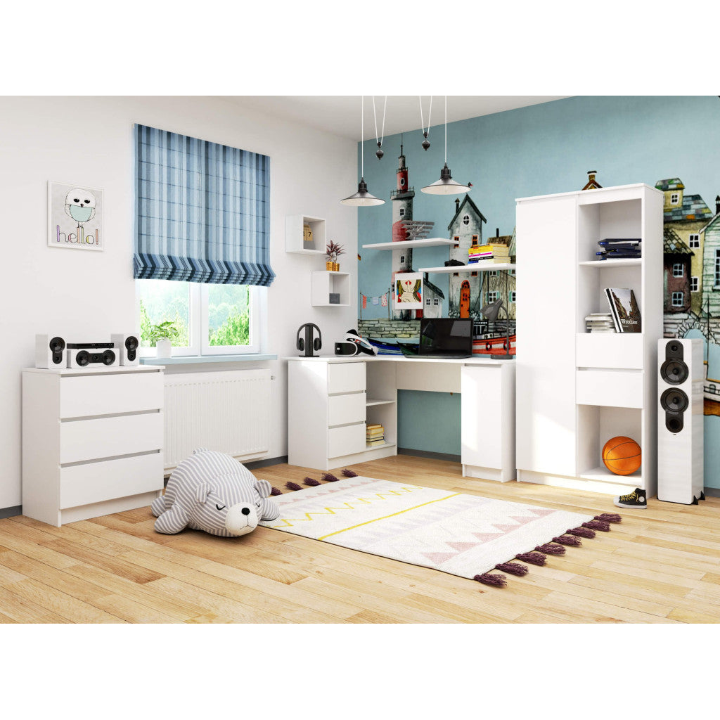 Birou colt stanga cu 3 sertare si rafturi, 155x85x77 cm, alb