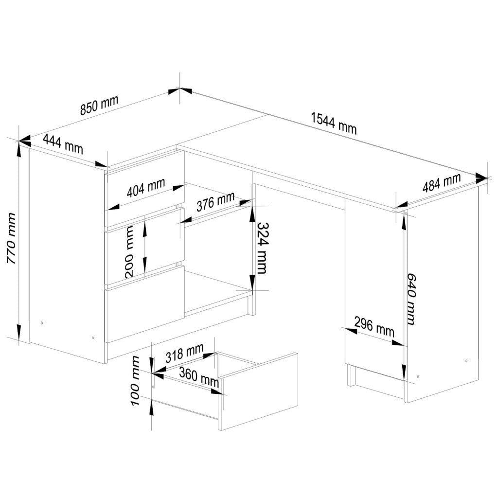 Birou colt stanga cu 3 sertare si rafturi, 155x85x77 cm, alb
