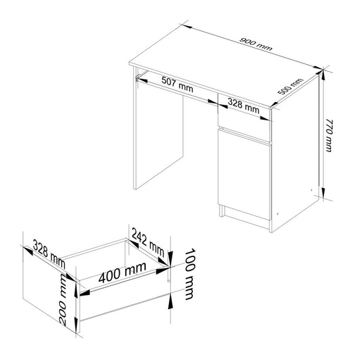 Birou computer PIKSE cu sertar, dulap si polita glisanta pentru tastatura, din PAL laminat, 90x50x77 cm, alb