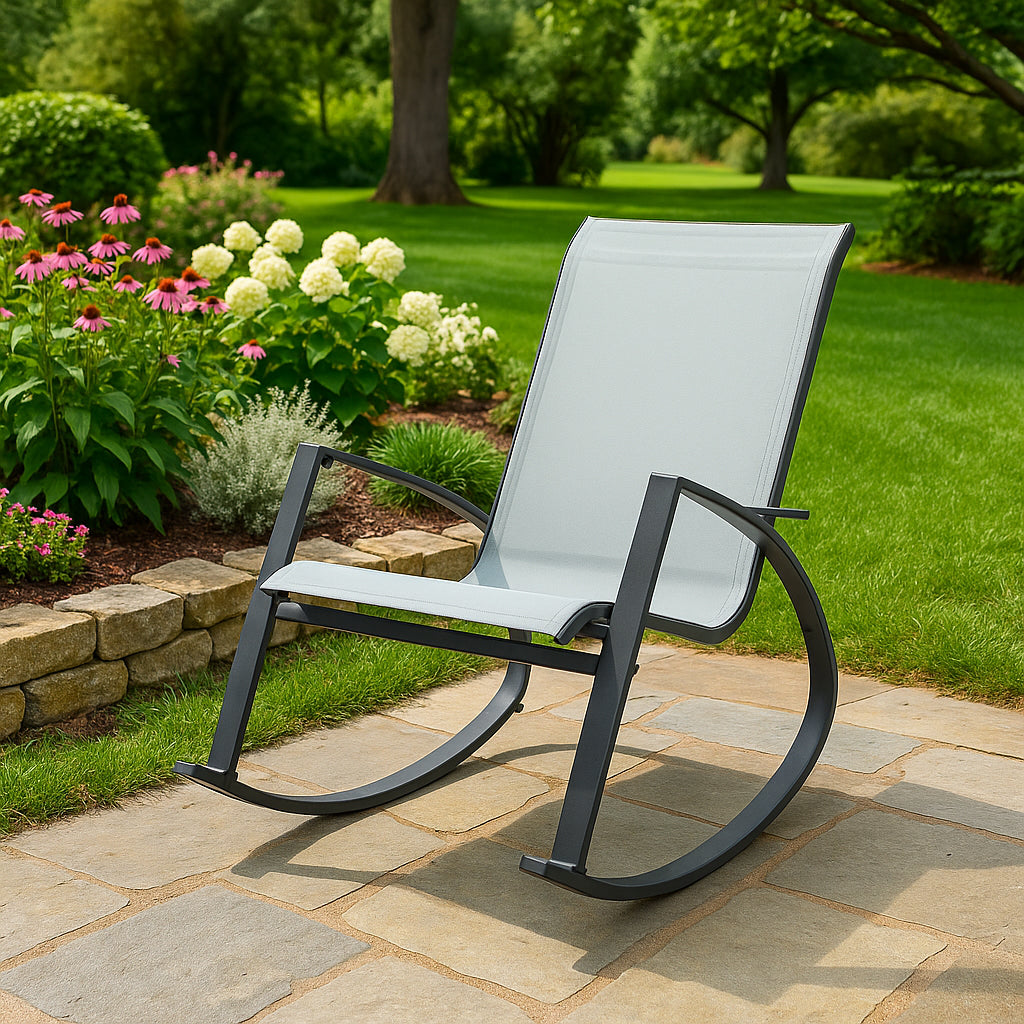 Scaun balansoar de gradina din metal si textil, 60x104x95 cm, capacitate 120 kg, gri