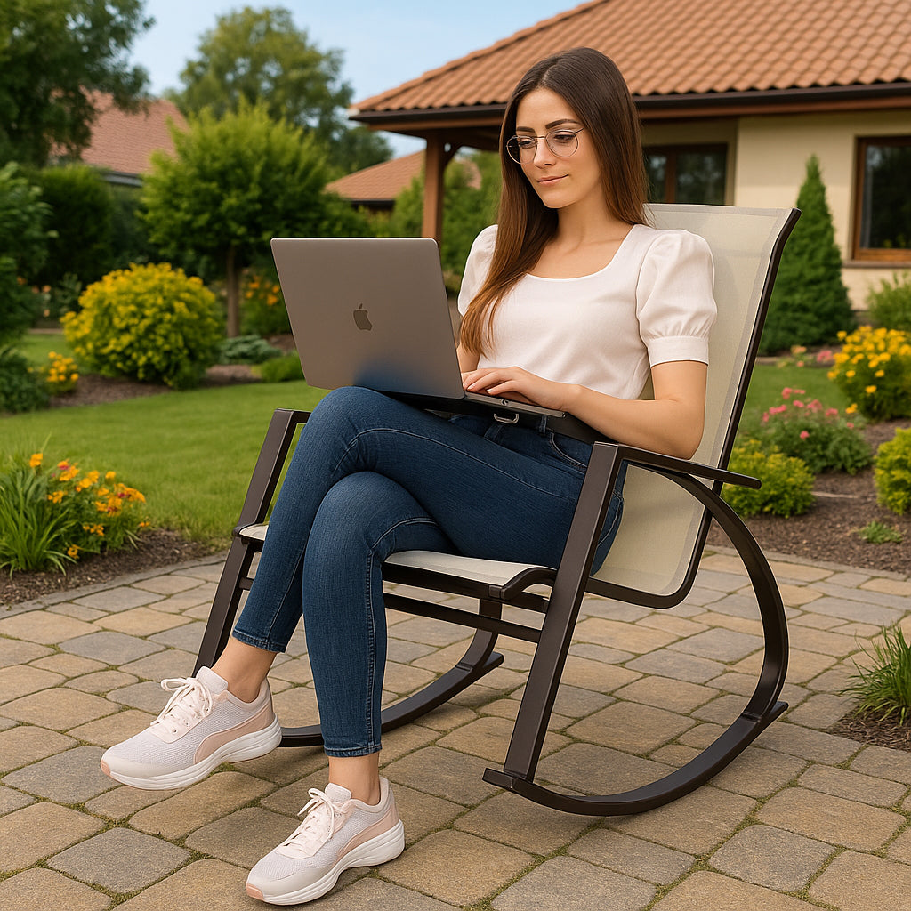 Scaun balansoar de gradina din metal si textil, 60x104x95 cm, capacitate 120 kg, crem