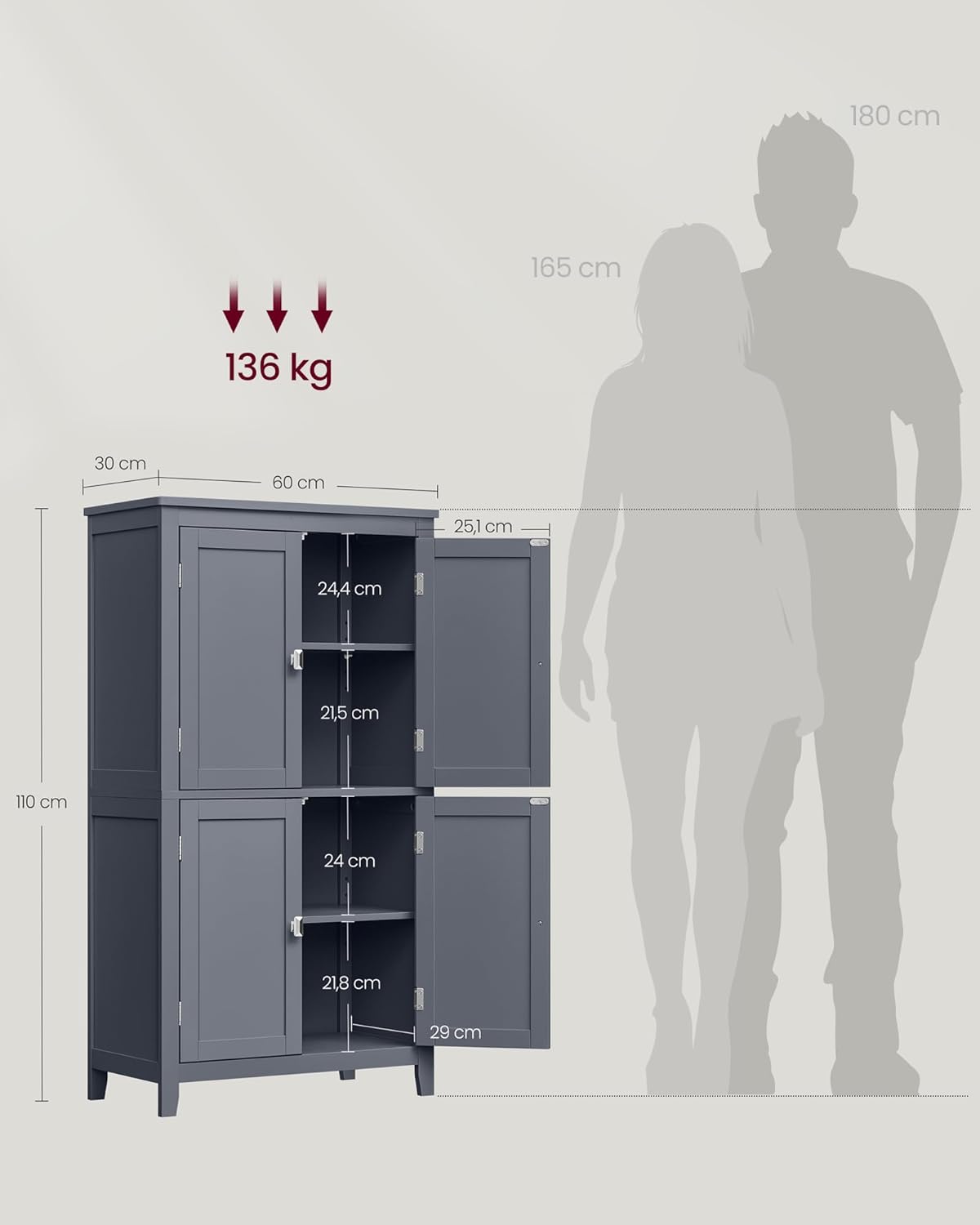VASAGLE Dulap de baie, din MDF, cu 2 compartimente si 4 usi, rafturi reglabile, 30x60x110cm, gri inchis