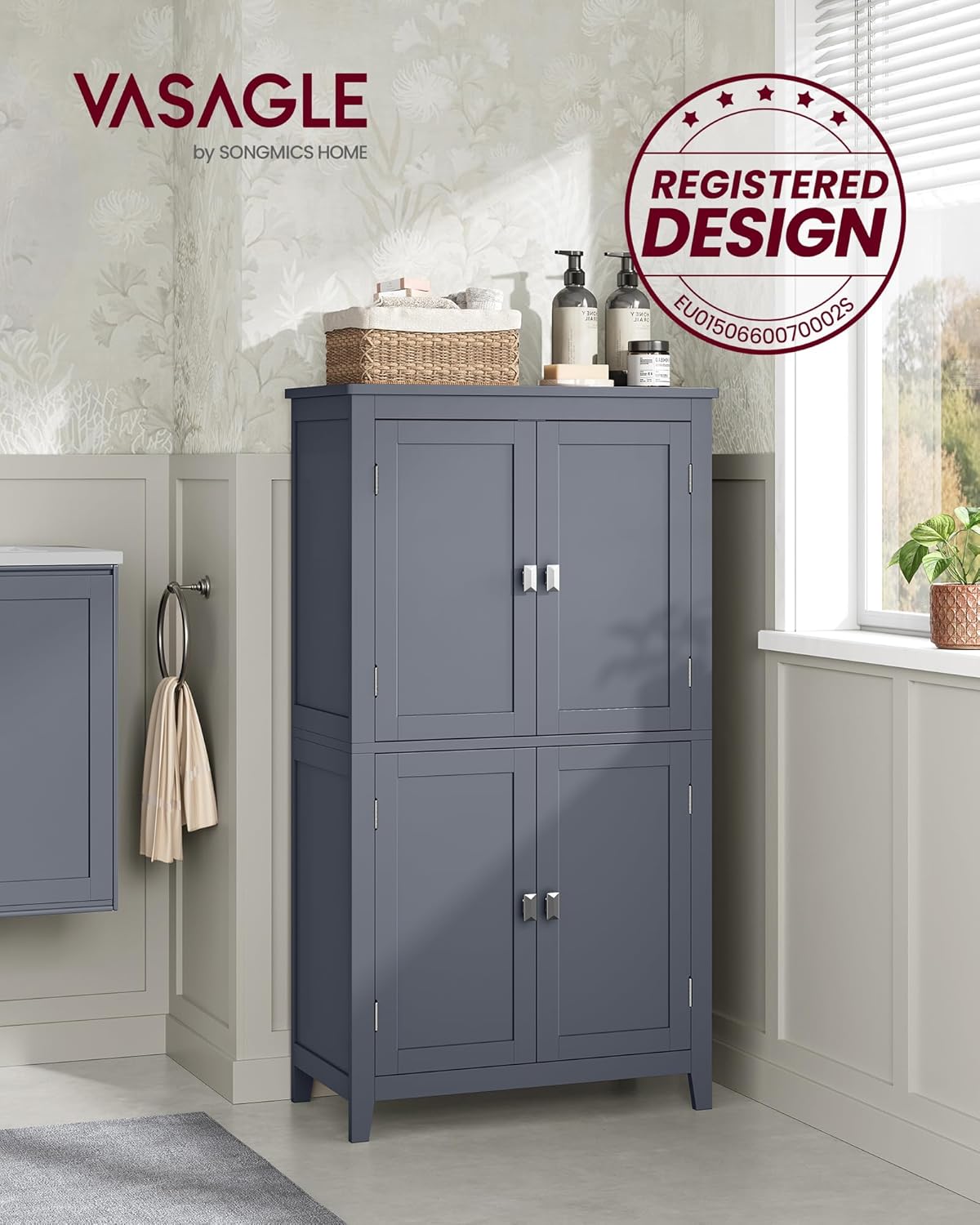 VASAGLE Dulap de baie, din MDF, cu 2 compartimente si 4 usi, rafturi reglabile, 30x60x110cm, gri inchis