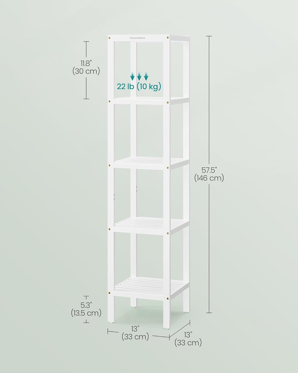 SONGMICS Etajera bambus 5 niveluri, raft multifunctional pentru baie sau bucatarie, 33x33x146 cm, alb