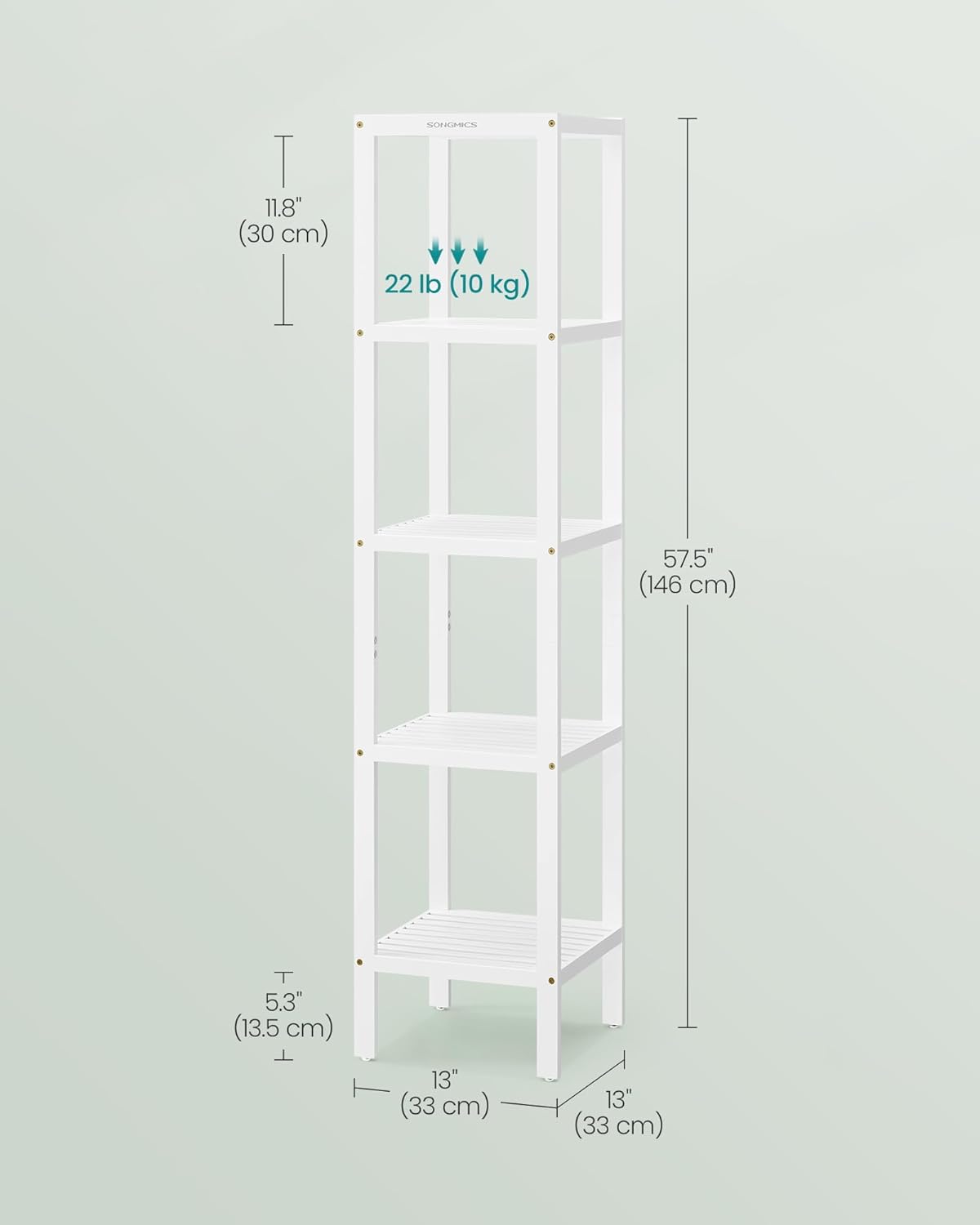 SONGMICS Etajera bambus 5 niveluri, raft multifunctional pentru baie sau bucatarie, 33x33x146 cm, alb
