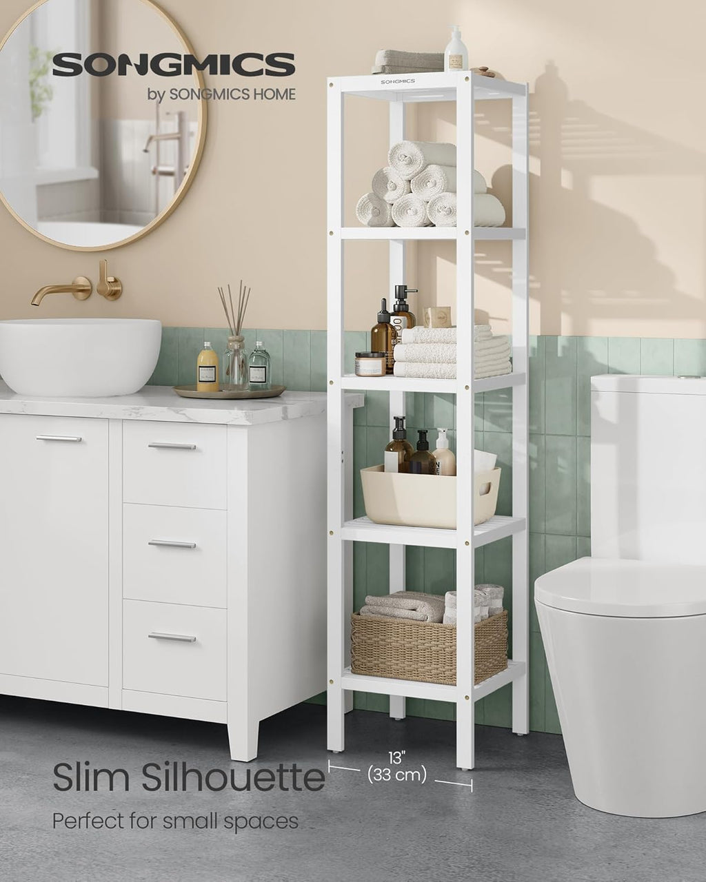 SONGMICS Etajera bambus 5 niveluri, raft multifunctional pentru baie sau bucatarie, 33x33x146 cm, alb