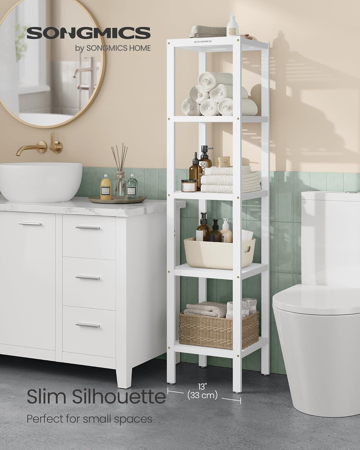 SONGMICS Etajera bambus 5 niveluri, raft multifunctional pentru baie sau bucatarie, 33x33x146 cm, alb