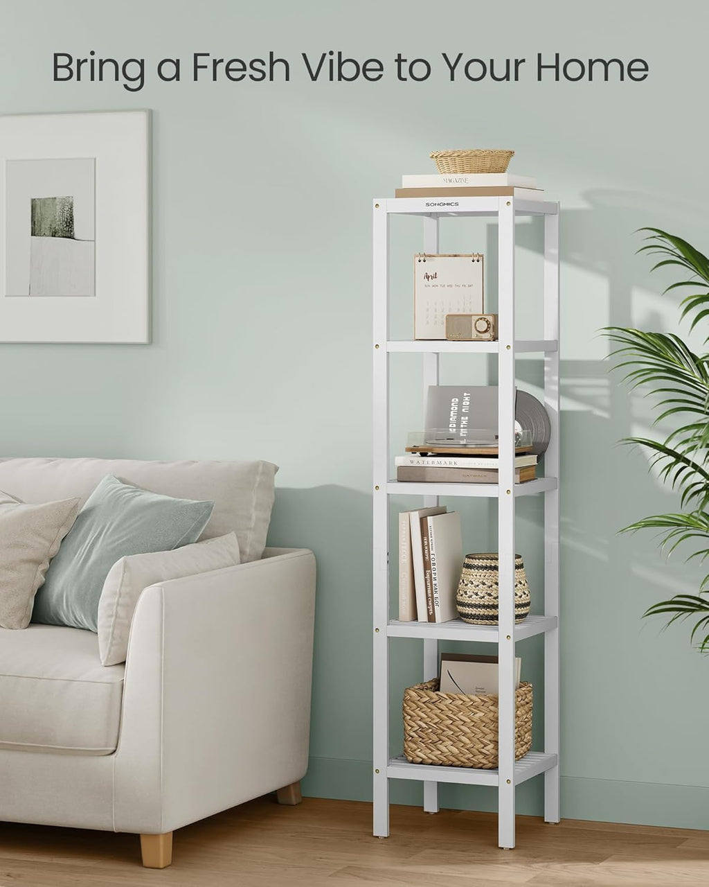 SONGMICS Etajera bambus 5 niveluri, raft multifunctional pentru baie sau bucatarie, 33x33x146 cm, alb