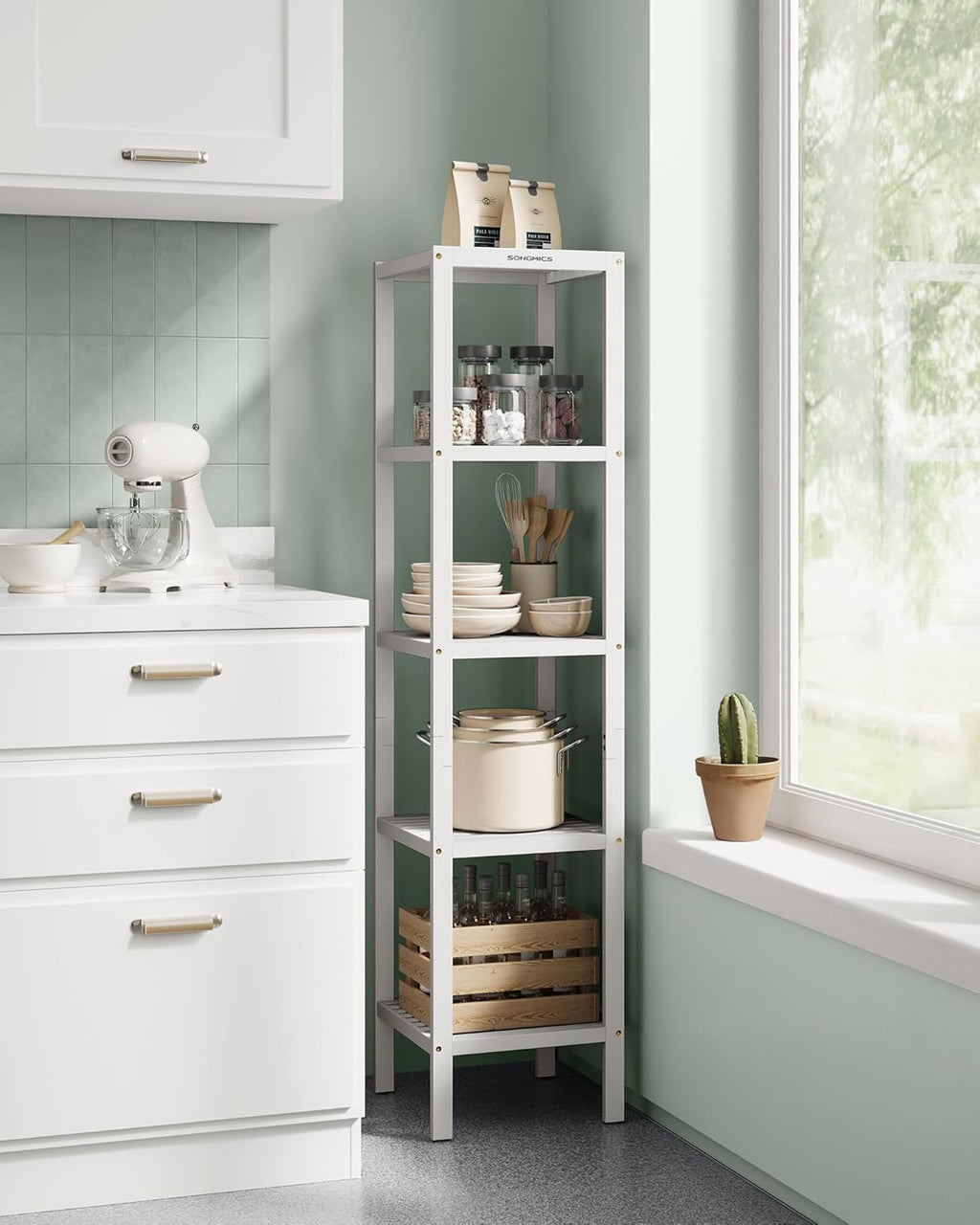 SONGMICS Etajera bambus 5 niveluri, raft multifunctional pentru baie sau bucatarie, 33x33x146 cm, alb