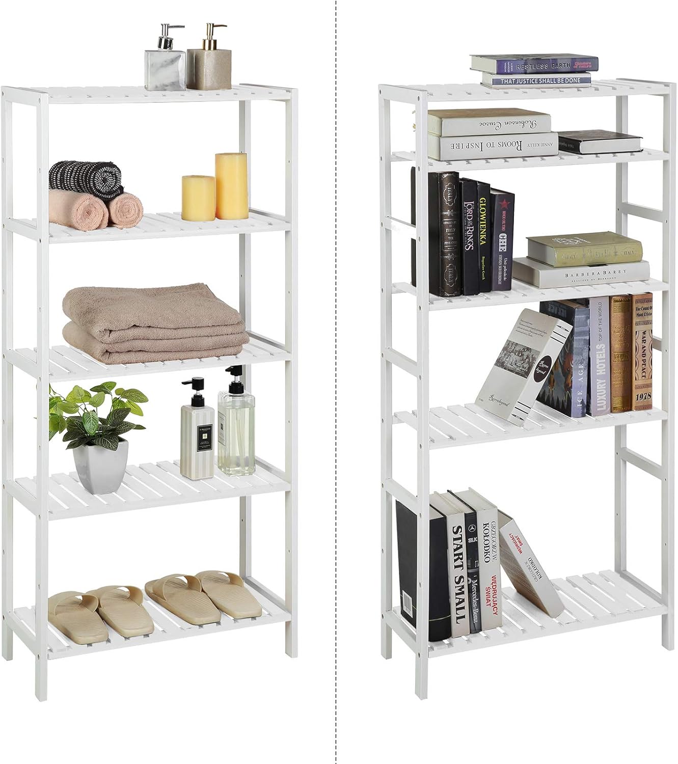 SONGMICS Etajera 5 niveluri, din bambus, pozitii reglabile, multifunctionala pentru bucatarie sau hol, 60x26x130 cm, alb