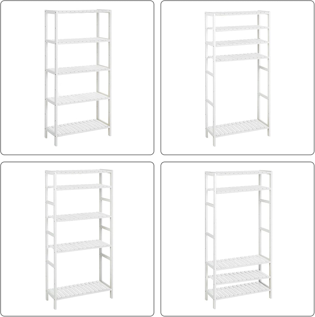 SONGMICS Etajera 5 niveluri, din bambus, pozitii reglabile, multifunctionala pentru bucatarie sau hol, 60x26x130 cm, alb