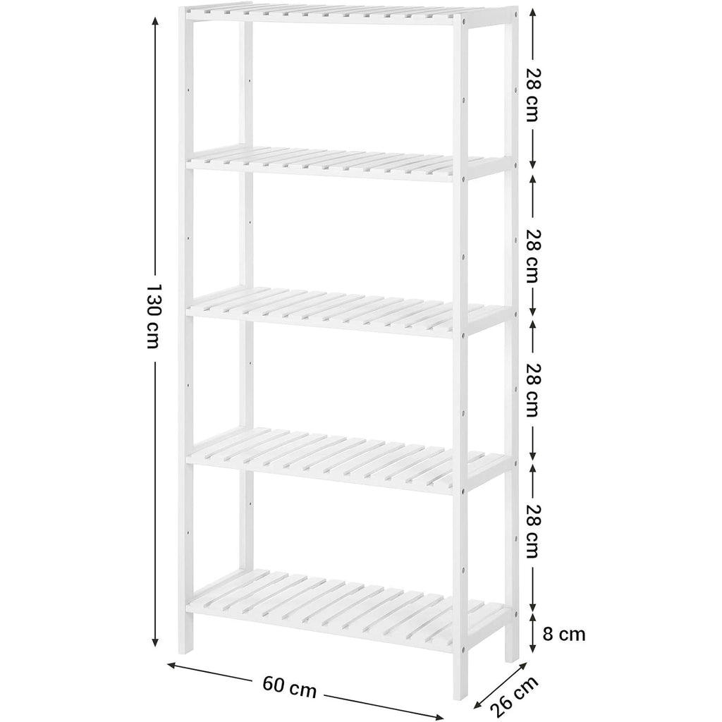 SONGMICS Etajera 5 niveluri, din bambus, pozitii reglabile, multifunctionala pentru bucatarie sau hol, 60x26x130 cm, alb