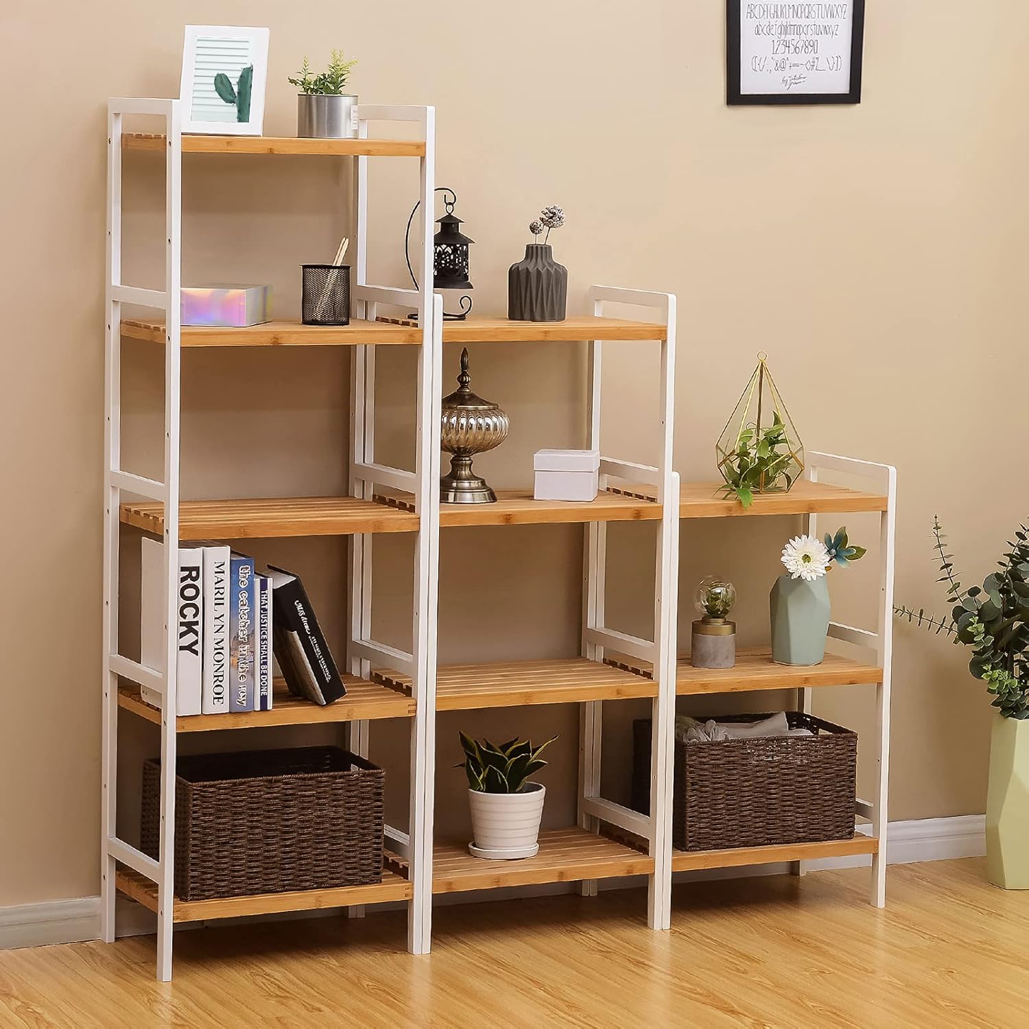 SONGMICS Etajera bambus 5 rafturi, pentru baie, bucatarie sau living, 45x32x142 cm, alb natur