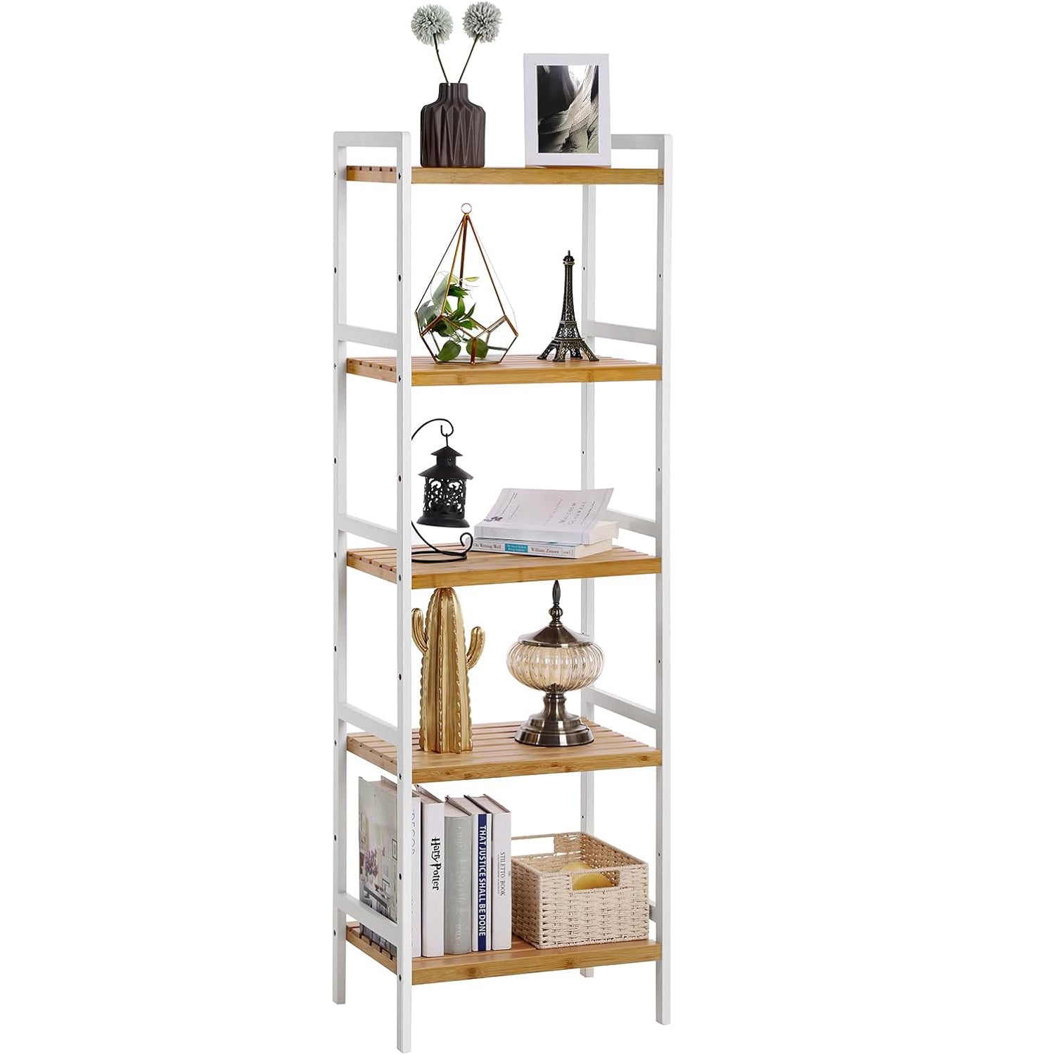 SONGMICS Etajera bambus 5 rafturi, pentru baie, bucatarie sau living, 45x32x142 cm, alb natur