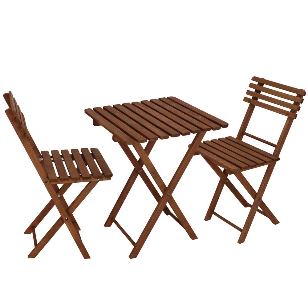 Set mobilier balcon sau terasa din lemn de fag, pliabil, masa 52x51x65 cm si 2 scaune, maro inchis