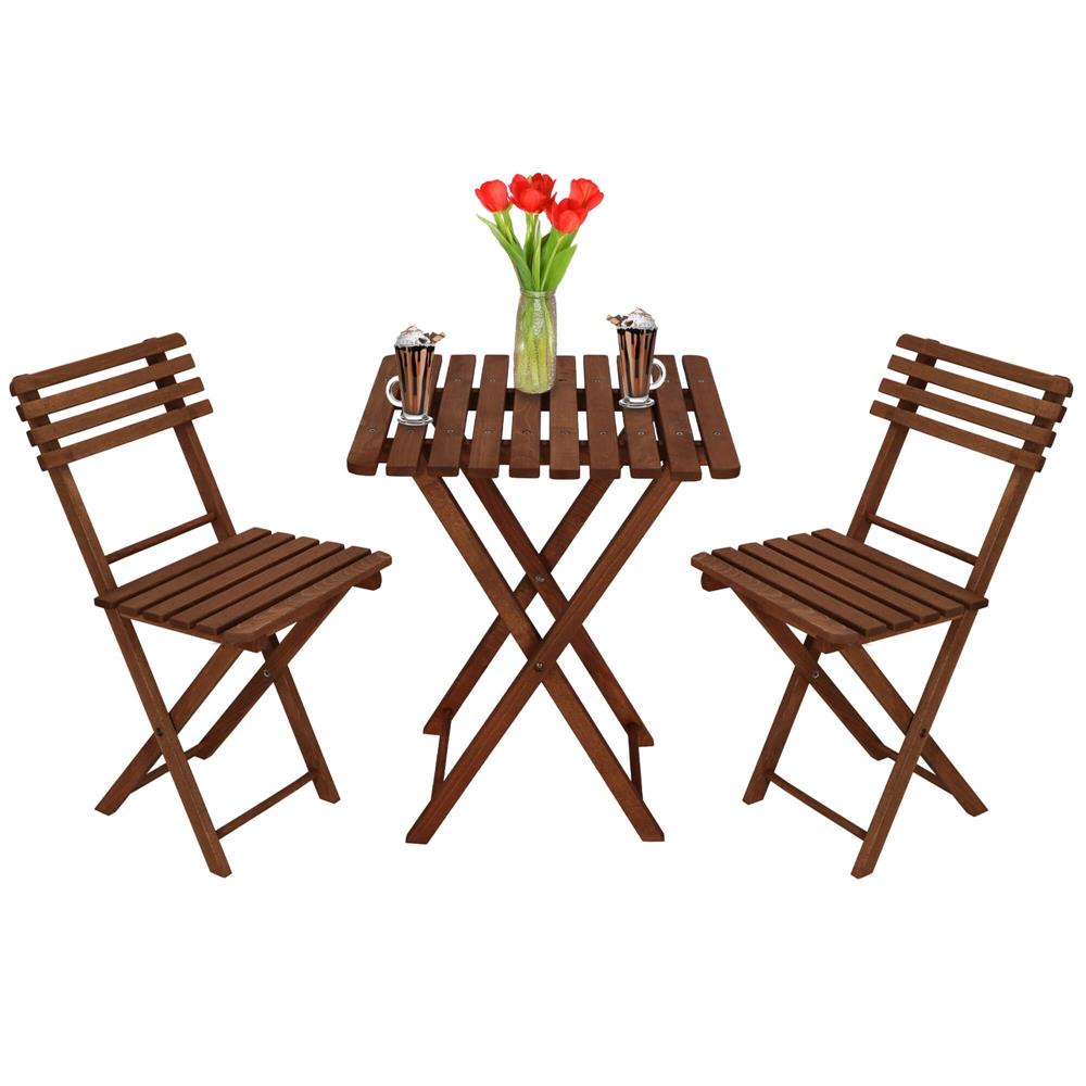 Set mobilier balcon sau terasa din lemn de fag, pliabil, masa 52x51x65 cm si 2 scaune, maro inchis