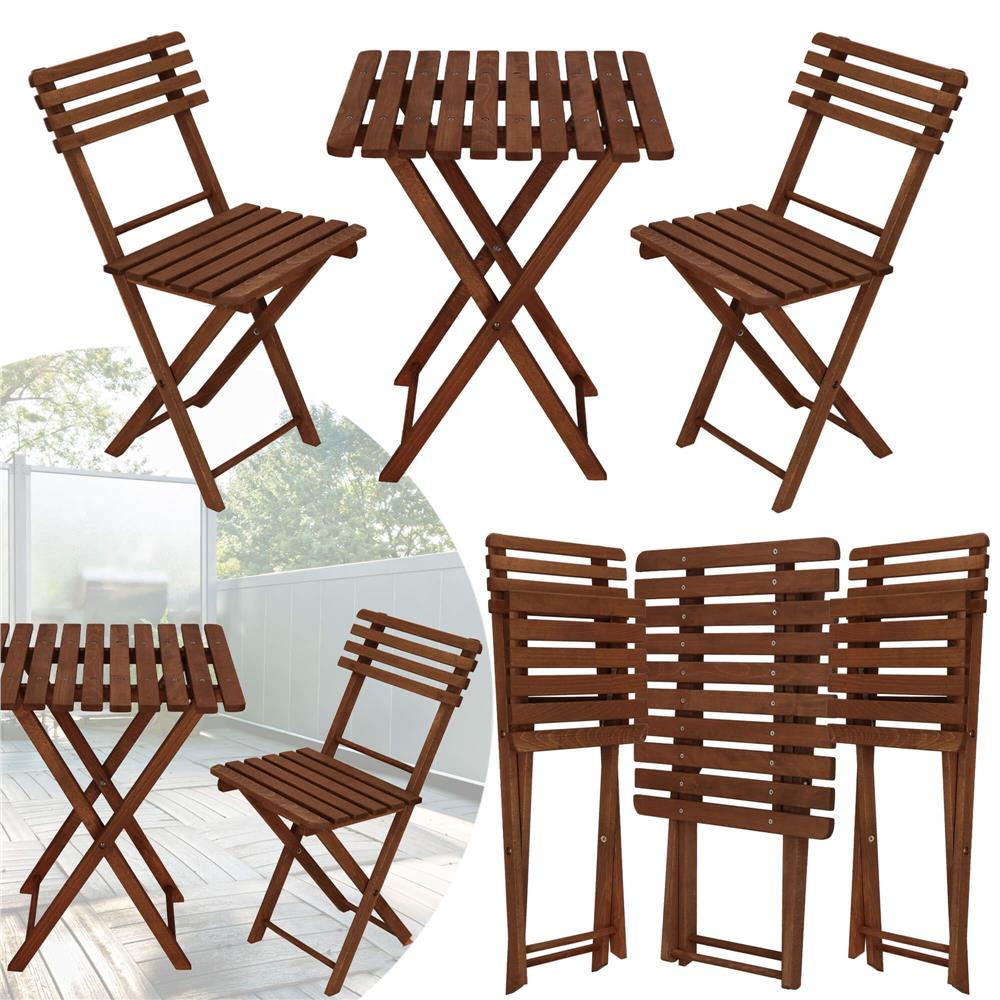 Set mobilier balcon sau terasa din lemn de fag, pliabil, masa 52x51x65 cm si 2 scaune, maro inchis