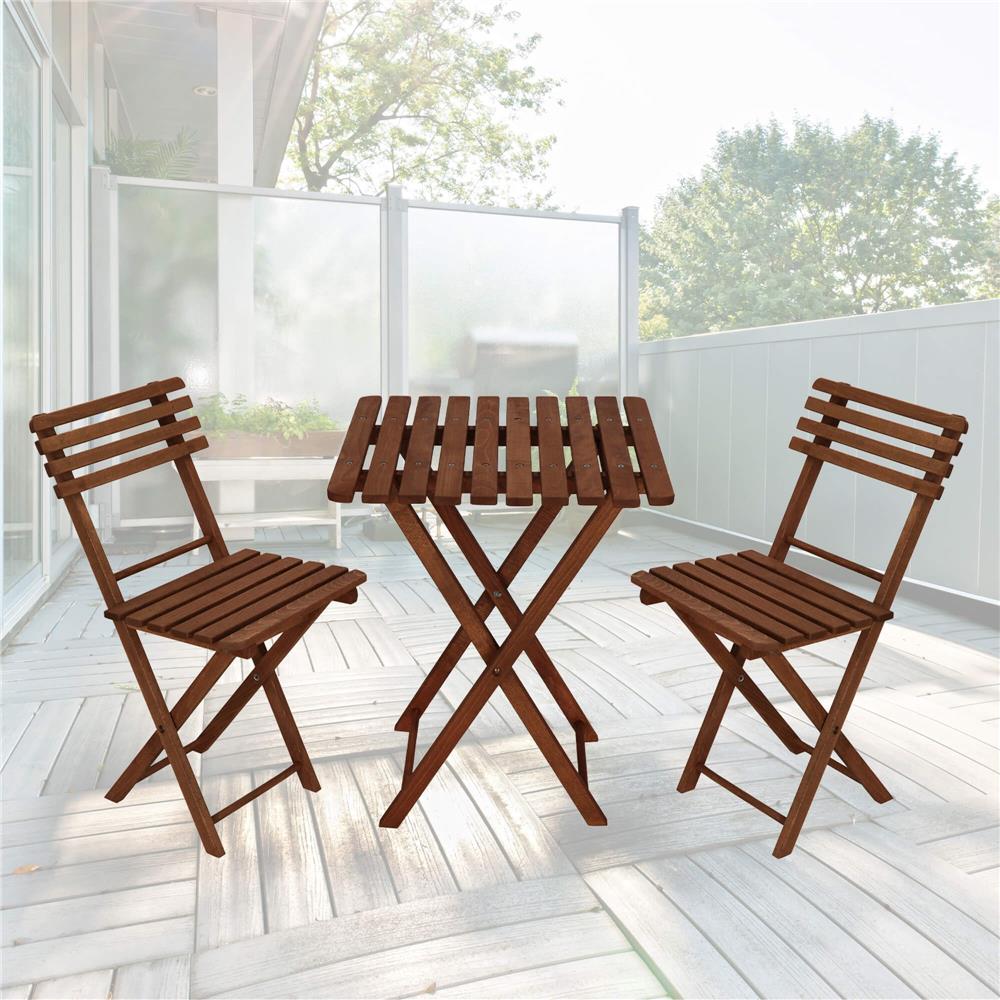 Set mobilier balcon sau terasa din lemn de fag, pliabil, masa 52x51x65 cm si 2 scaune, maro inchis