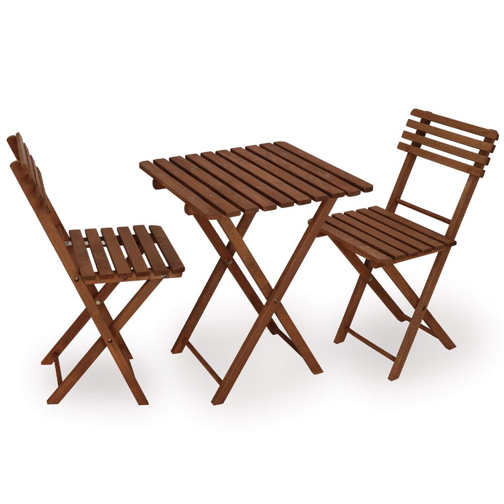 Set mobilier balcon sau terasa din lemn de fag, pliabil, masa 52x51x65 cm si 2 scaune, maro inchis