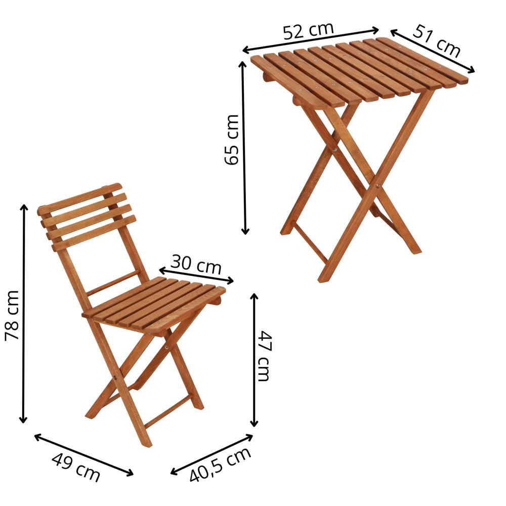 Set mobilier balcon sau terasa din lemn de fag, pliabil, masa 52x51x65 cm si 2 scaune, maro
