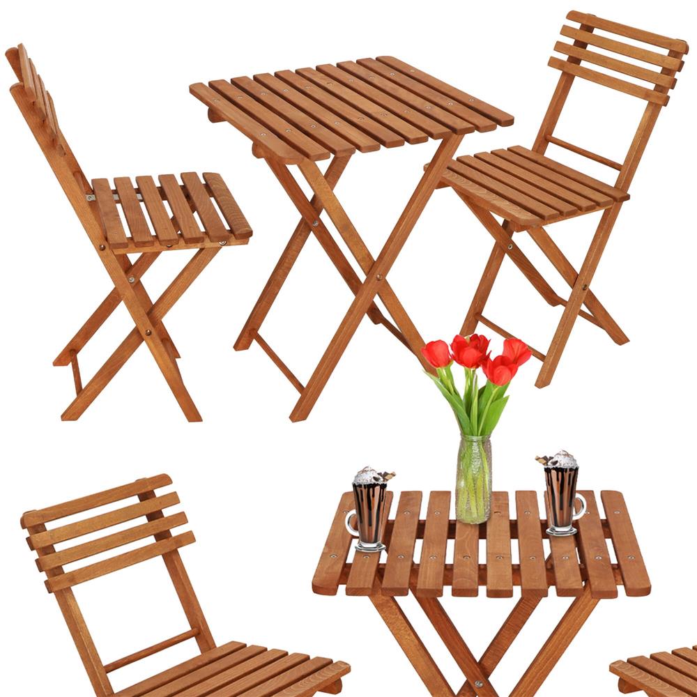 Set mobilier balcon sau terasa din lemn de fag, pliabil, masa 52x51x65 cm si 2 scaune, maro