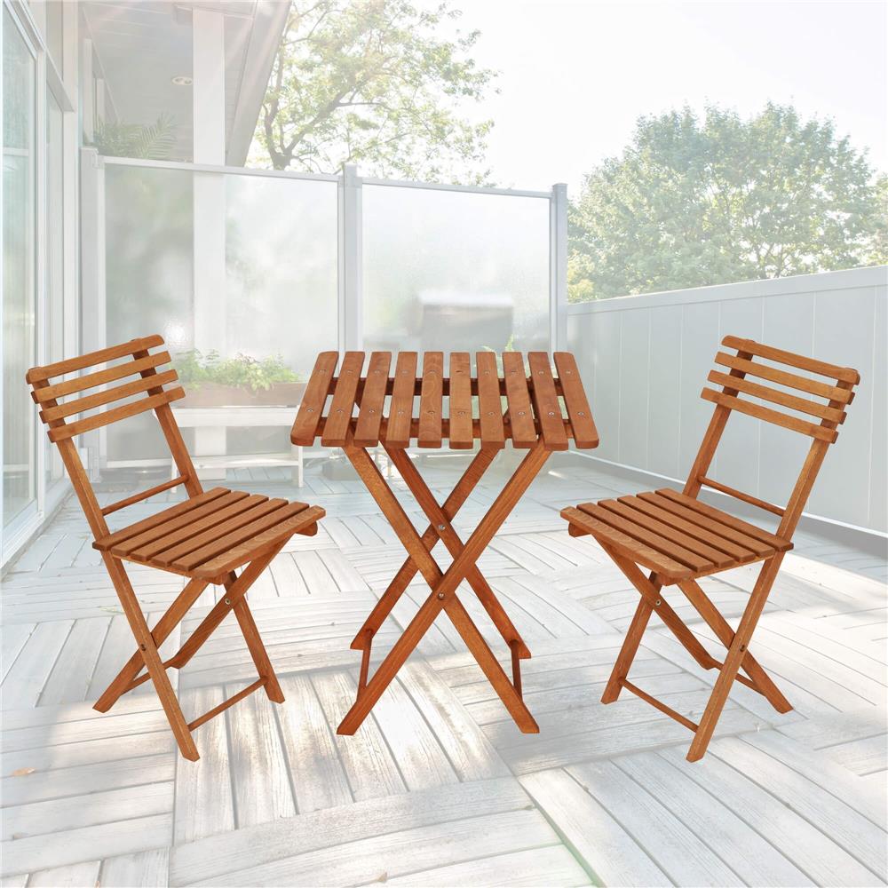 Set mobilier balcon sau terasa din lemn de fag, pliabil, masa 52x51x65 cm si 2 scaune, maro