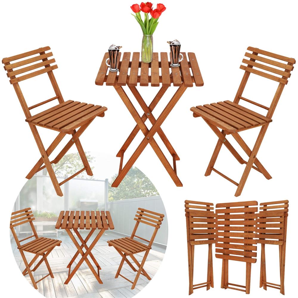 Set mobilier balcon sau terasa din lemn de fag, pliabil, masa 52x51x65 cm si 2 scaune, maro