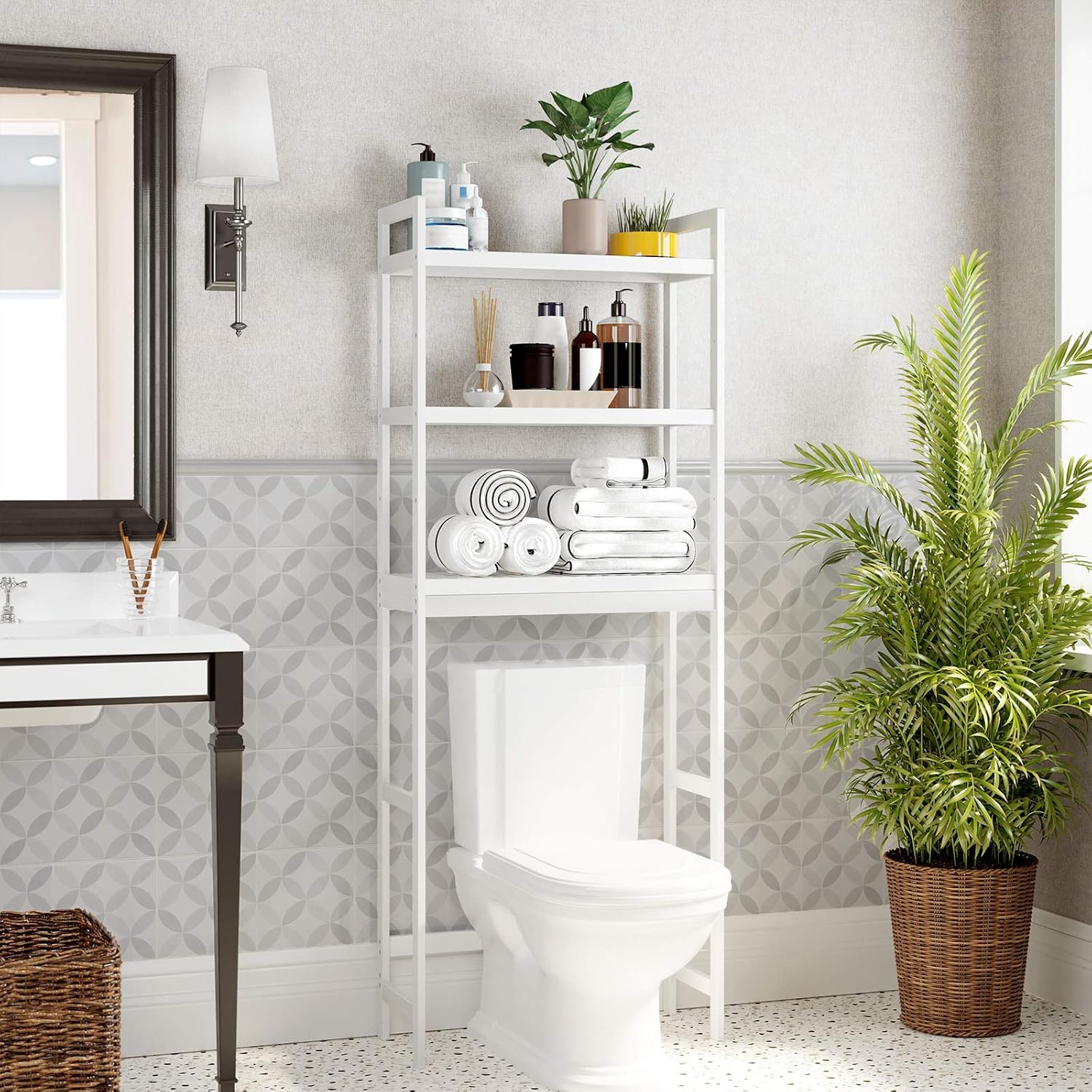 SONGMICS Raft de depozitare pentru baie, suprapunere peste masina spalat sau vas WC, din bambus, rafturi reglabile, 26x63x163 cm, alb