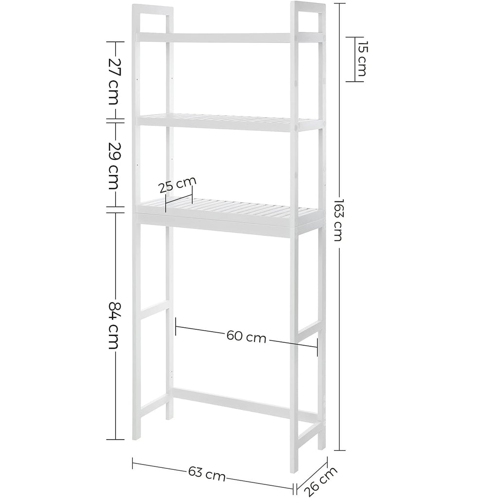 SONGMICS Raft de depozitare pentru baie, suprapunere peste masina spalat sau vas WC, din bambus, rafturi reglabile, 26x63x163 cm, alb