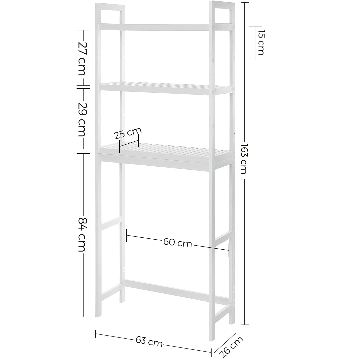 SONGMICS Raft de depozitare pentru baie, suprapunere peste masina spalat sau vas WC, din bambus, rafturi reglabile, 26x63x163 cm, alb