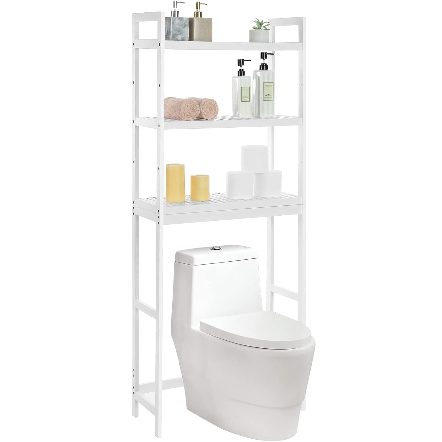 SONGMICS Raft de depozitare pentru baie, suprapunere peste masina spalat sau vas WC, din bambus, rafturi reglabile, 26x63x163 cm, alb