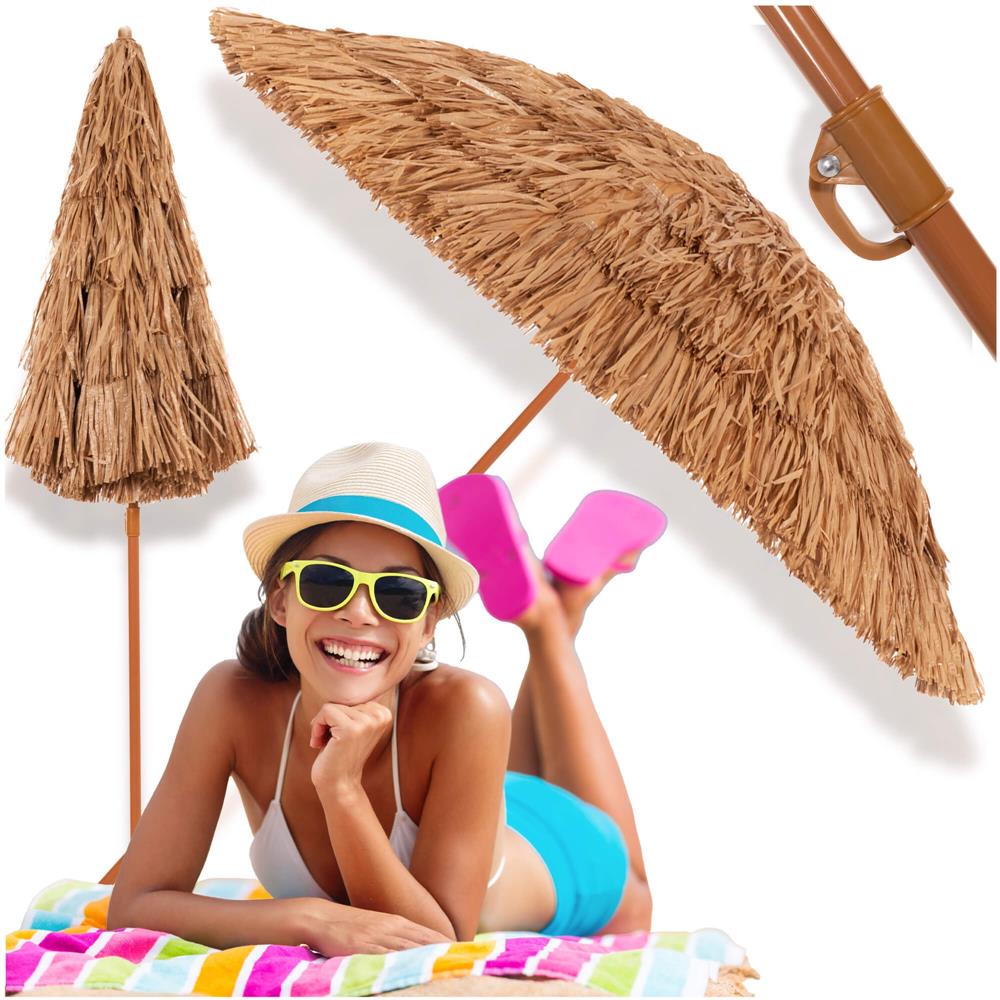 Umbrela de plaja tip hawai pliabila, cu inaltime si unghi reglabil, structura metalica, 160 cm, maro