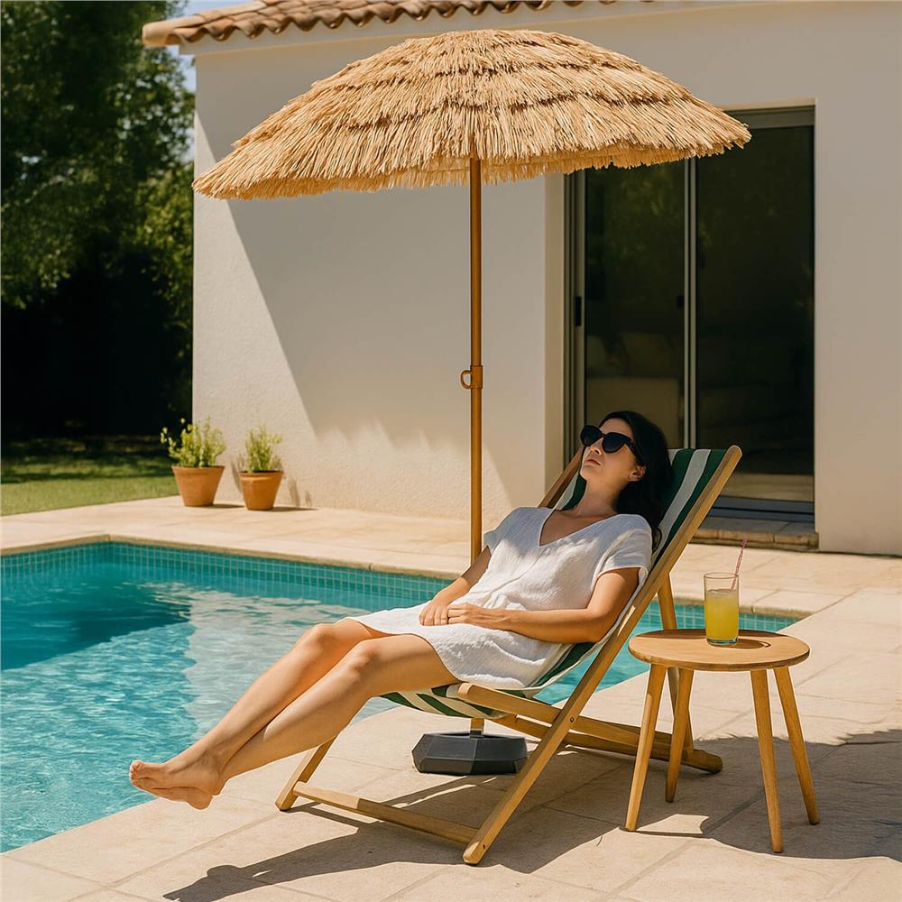 Umbrela de plaja tip hawai pliabila, cu inaltime si unghi reglabil, structura metalica, 160 cm, maro