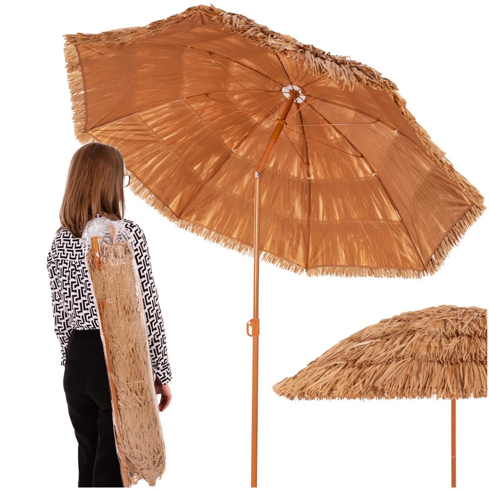 Umbrela de plaja tip hawai pliabila, cu inaltime si unghi reglabil, structura metalica, 160 cm, maro