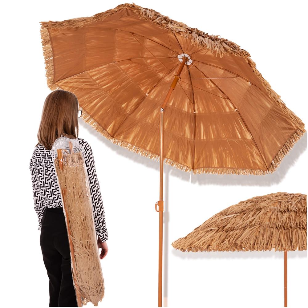Umbrela de plaja tip hawai pliabila, cu inaltime si unghi reglabil, structura metalica, 160 cm, maro