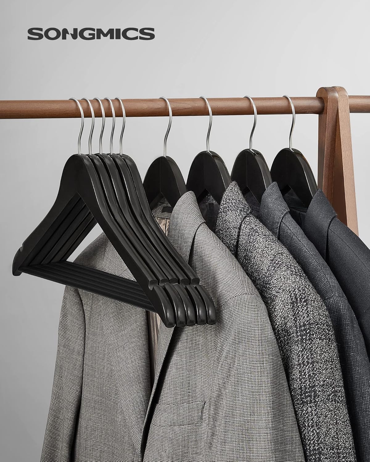 SONGMICS Umerase lemn set 10 bucati, cu bara pantalon antialunecare, carlig rotativ 360°, 45x23 cm, negru