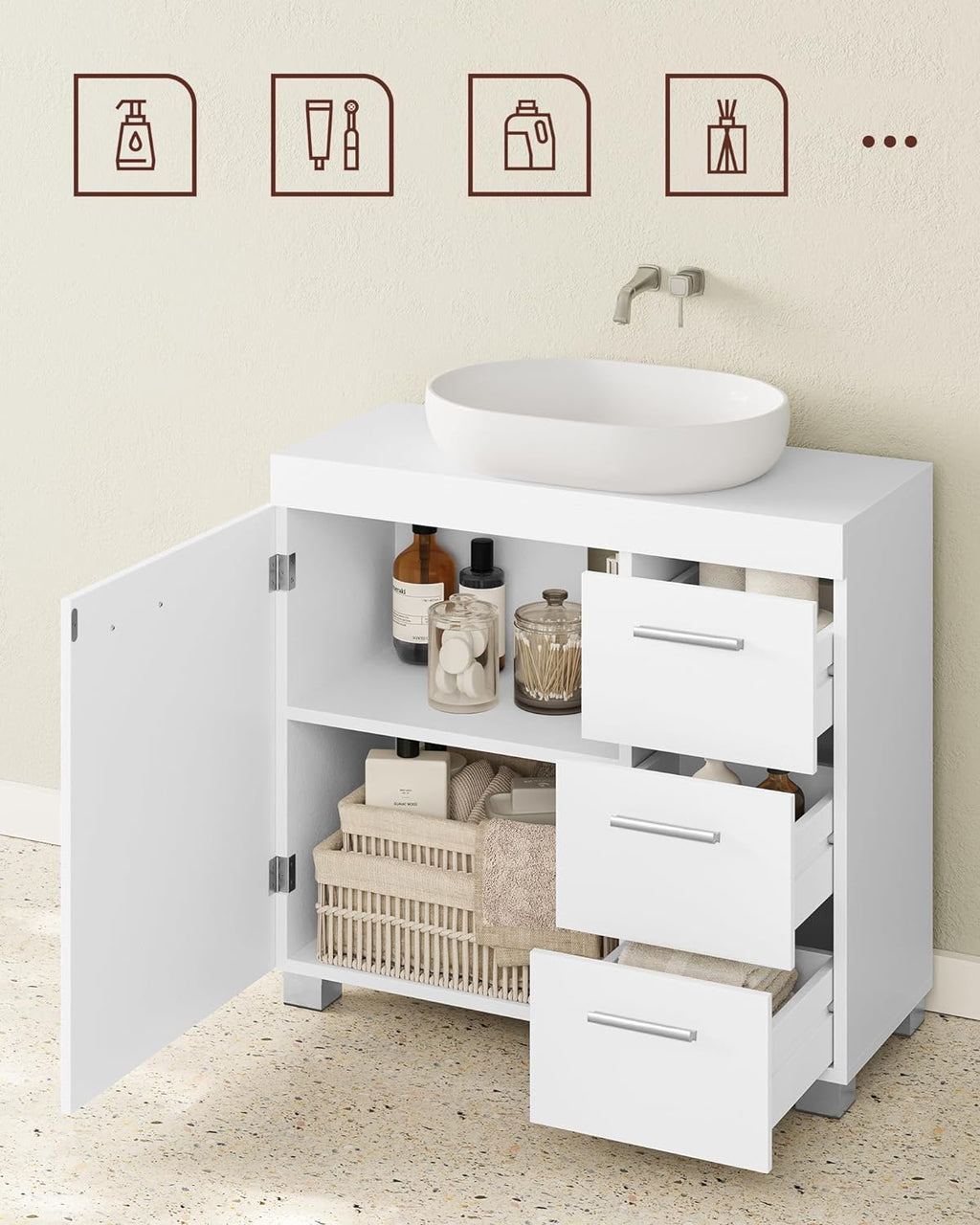 VASAGLE Dulap lavoar baie cu 3 sertare si 2 compartimente, MDF, 30x70x64 cm, alb