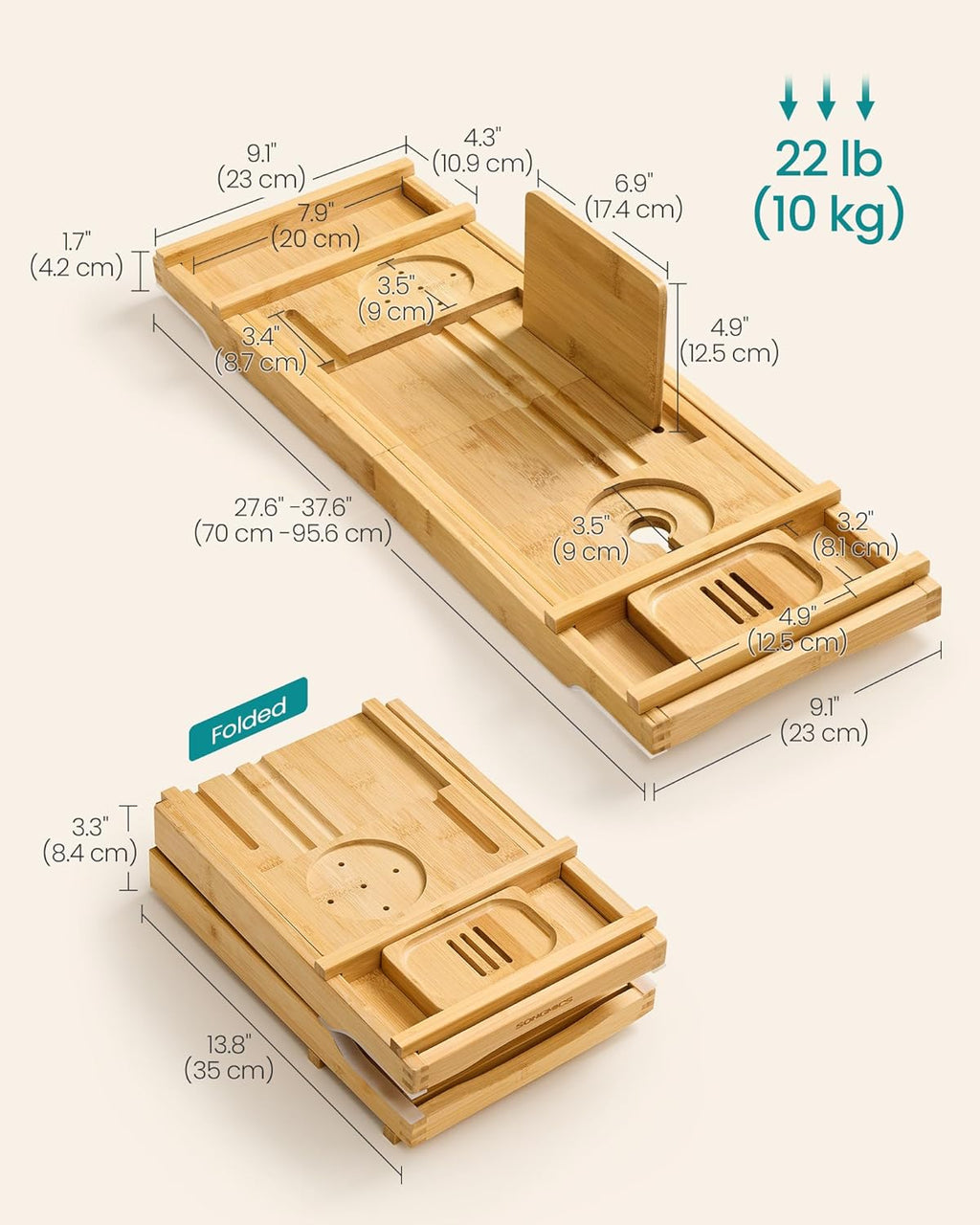 SONGMICS Suport cada extensibil din bambus, pliabil, 70–96 cm, bej natur