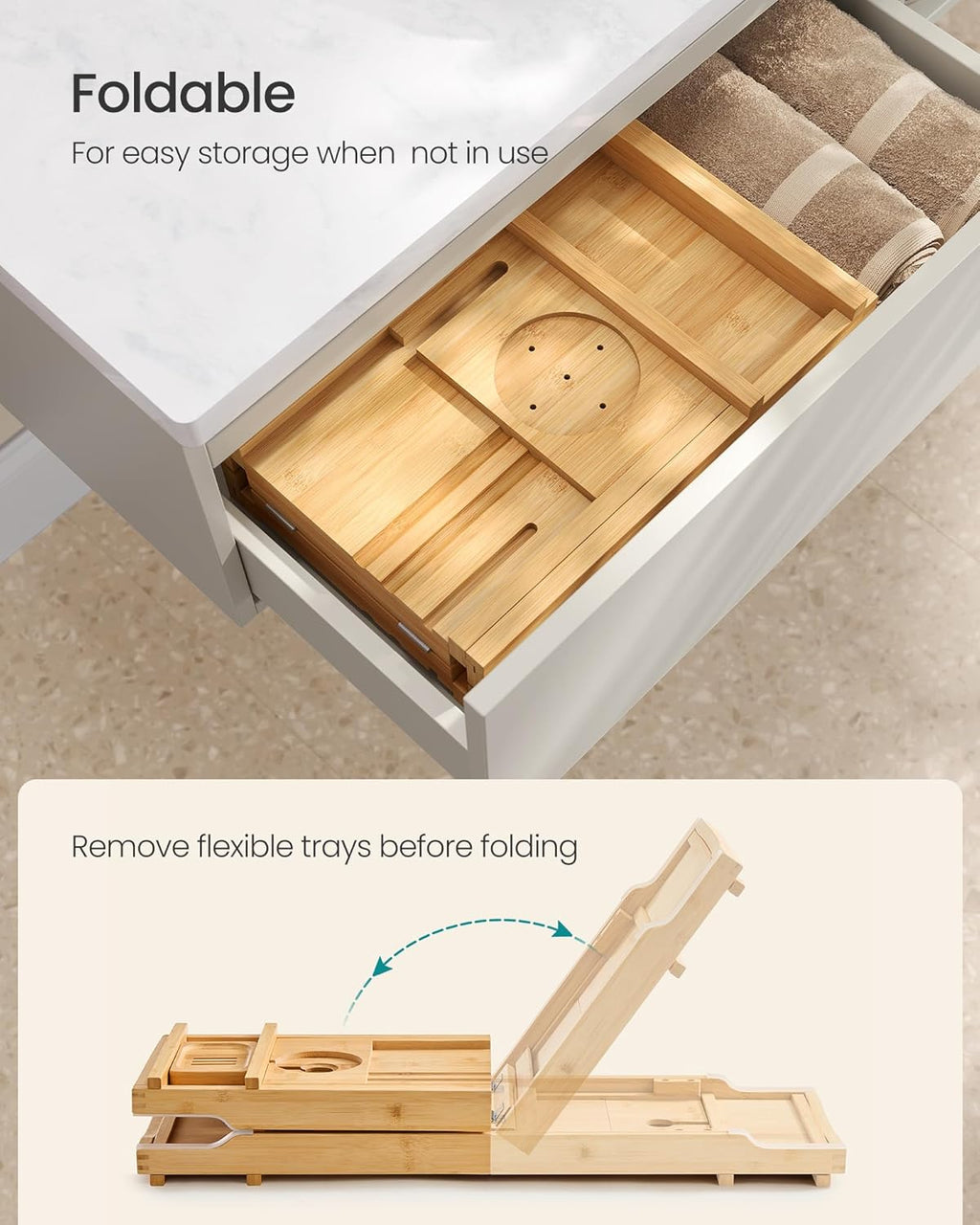 SONGMICS Suport cada extensibil din bambus, pliabil, 70–96 cm, bej natur