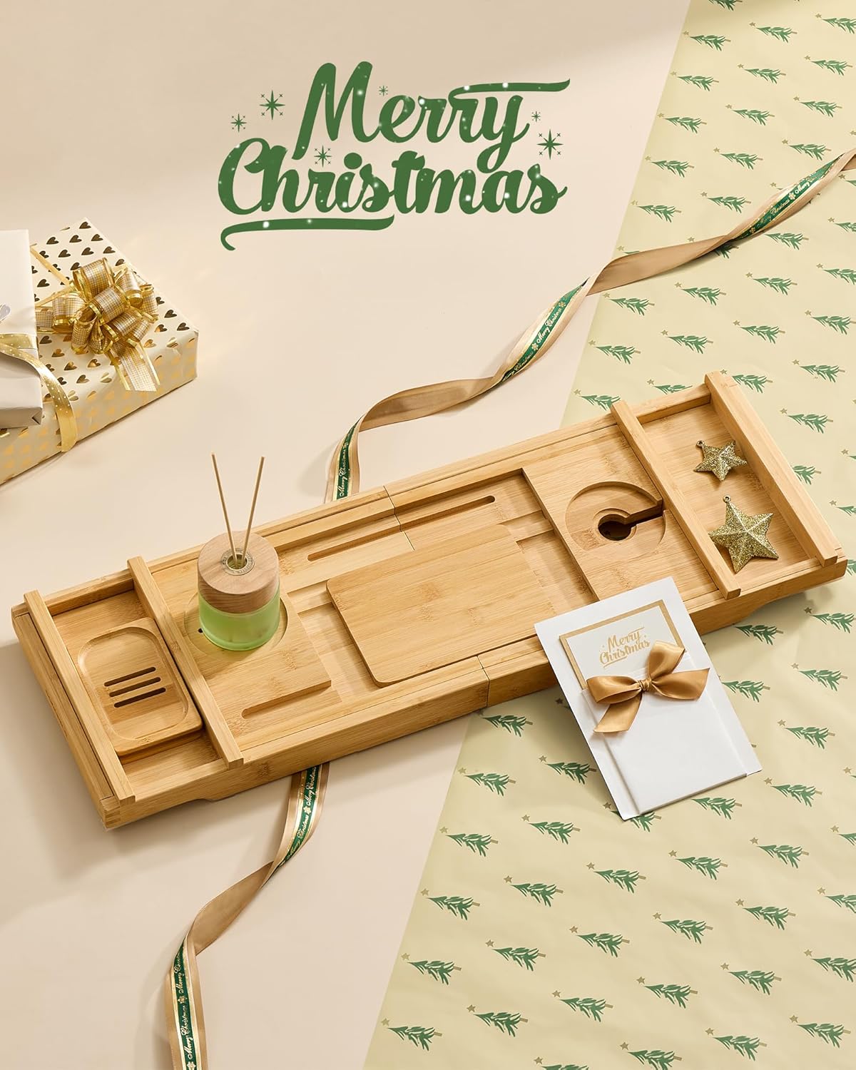 SONGMICS Suport cada extensibil din bambus, pliabil, 70–96 cm, bej natur